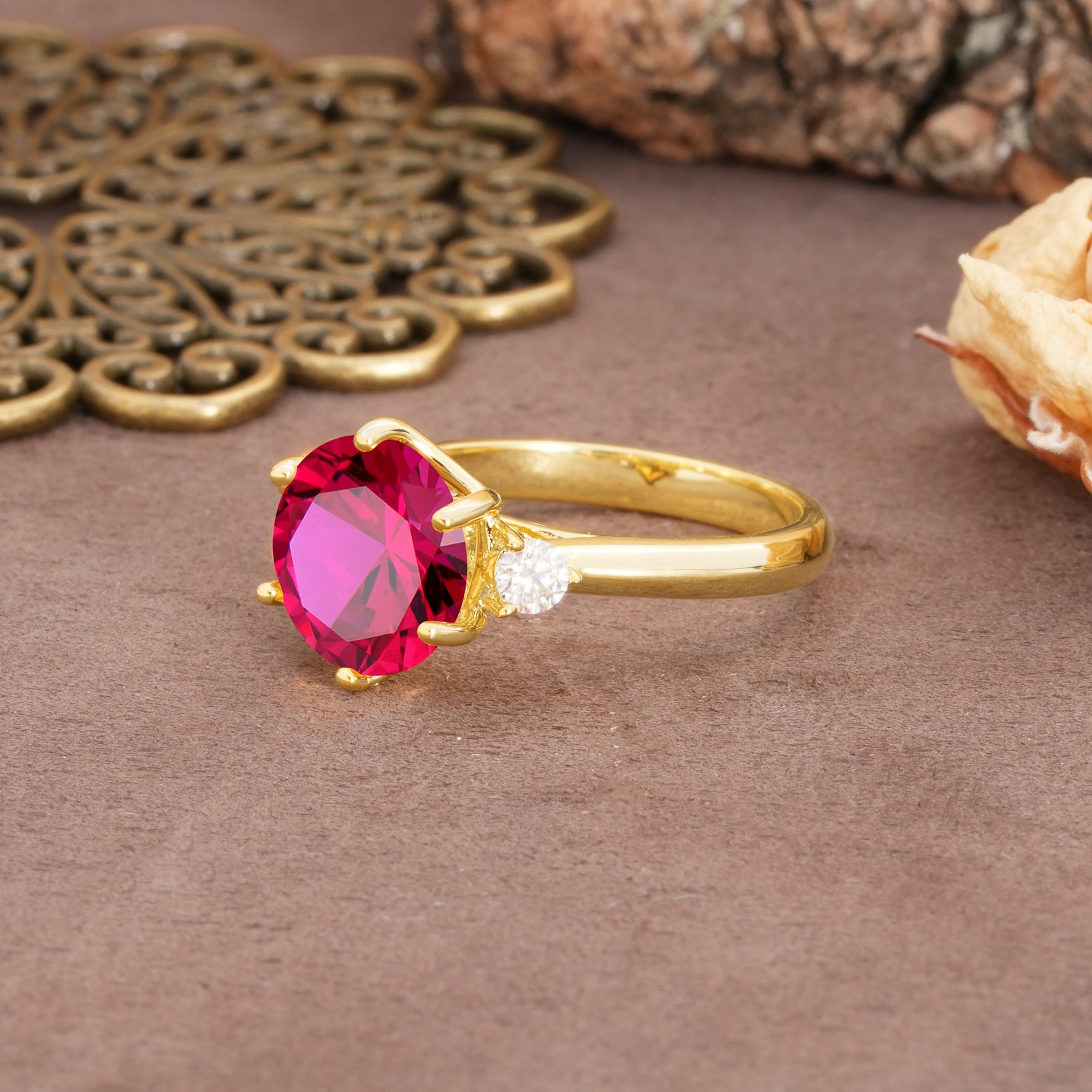 Unique and Minimalist 6-Prong Round Cut Ruby Three Stones Engagement Ring - Additional view