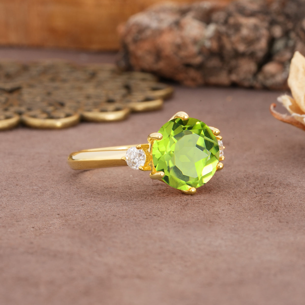Unique and Minimalist 6-Prong Round Cut Peridot Three Stones Engagement Ring - Additional view