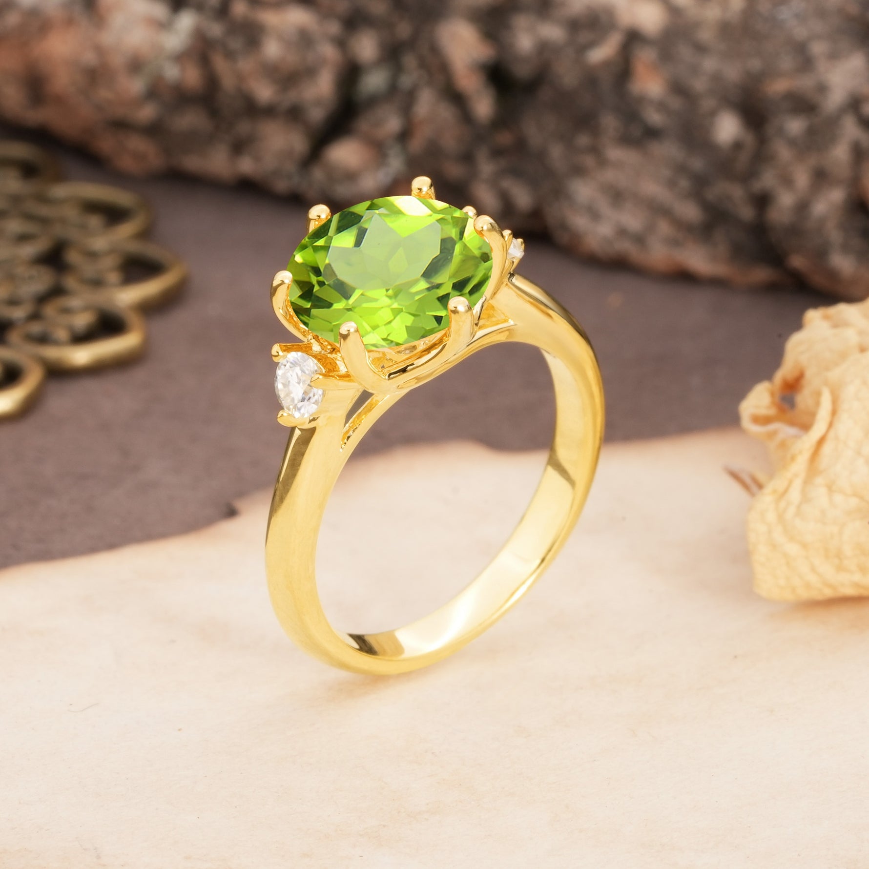 Unique and Minimalist 6-Prong Round Cut Peridot Three Stones Engagement Ring - Additional view