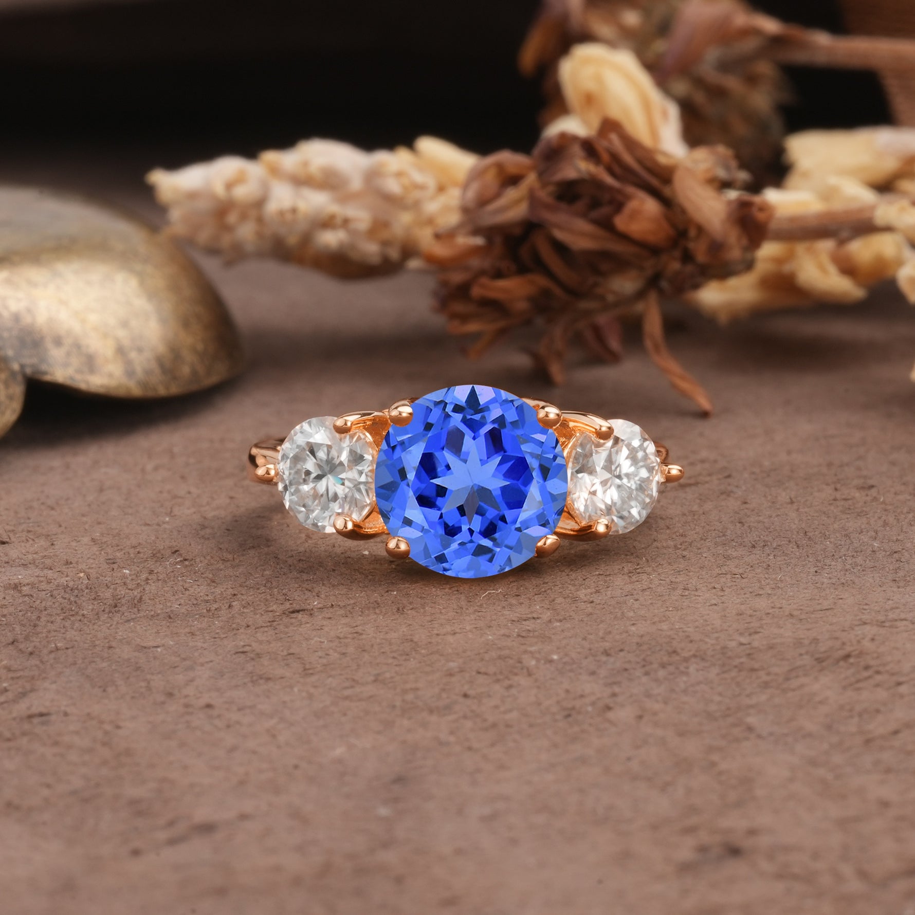 Classic Vintage 4-Prong Round Cut Sapphire Three-Stone Wedding Ring - Additional view