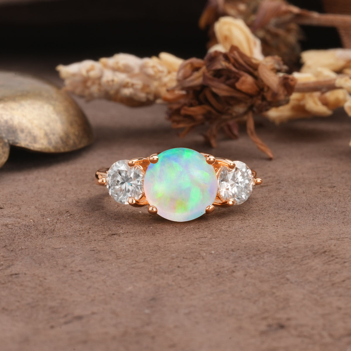 Classic Vintage 4-Prong Round Cut Fire Opal Three-Stone Wedding Ring - Additional view