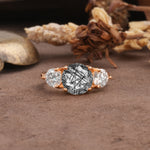Classic Vintage 4-Prong Round Cut Black Rutilated Quartz Three-Stone Wedding Ring - Additional view