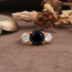Classic Vintage 4-Prong Round Cut Black Onyx Three-Stone Wedding Ring - Additional view