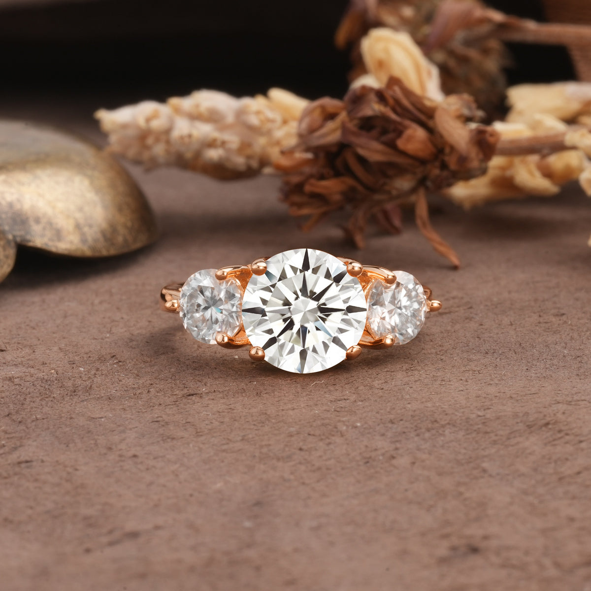 Classic Vintage 4-Prong Round Cut Lab Diamond Three-Stone Wedding Ring - Additional view