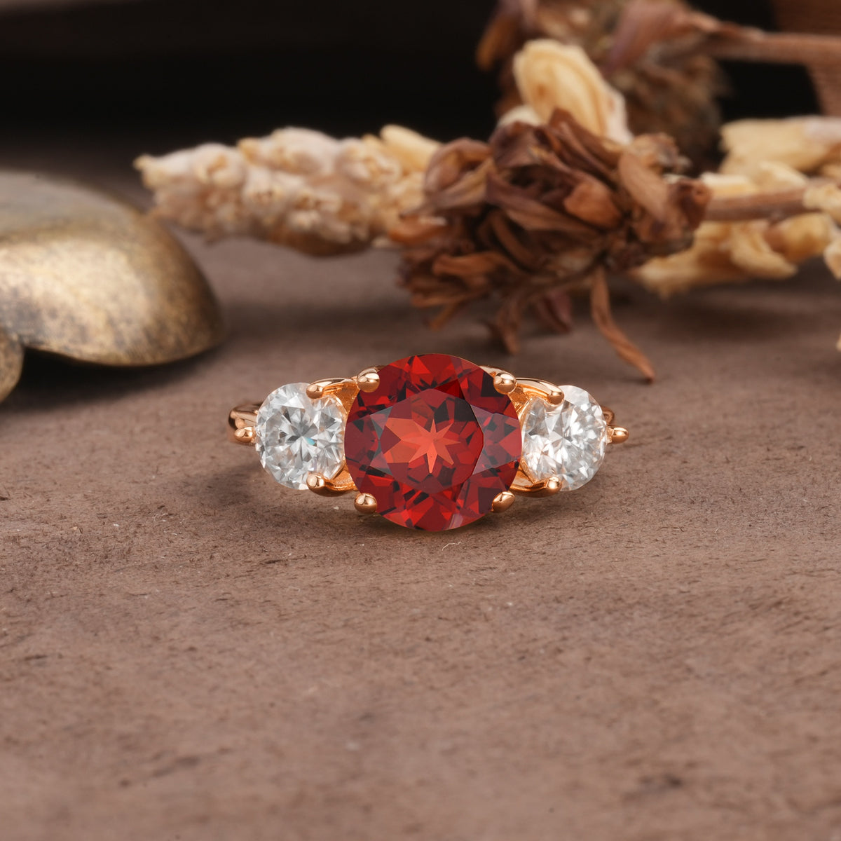 Classic Vintage 4-Prong Round Cut Garnet Three-Stone Wedding Ring - Additional view