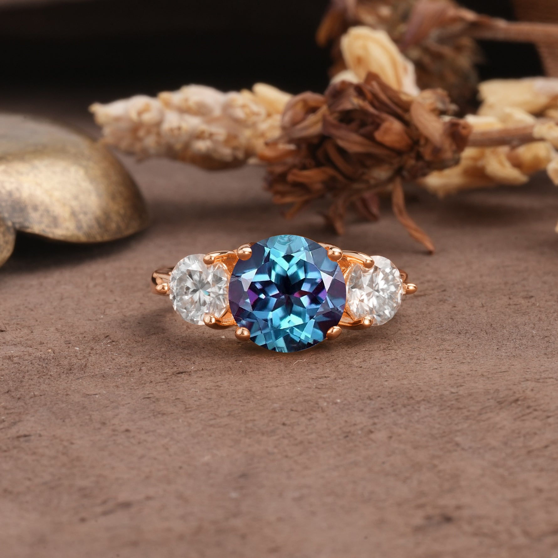 Classic Vintage 4-Prong Round Cut Alexandrite Three-Stone Wedding Ring - Additional view