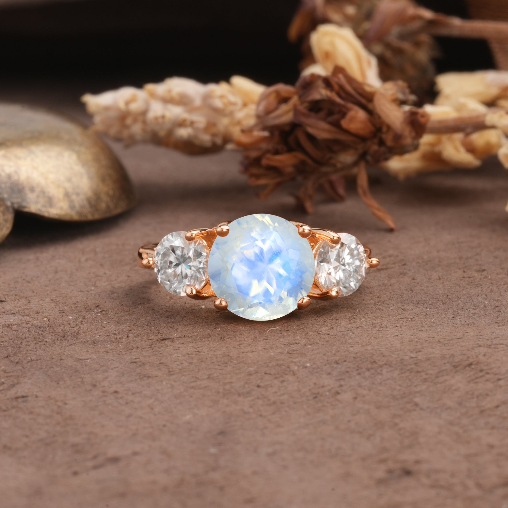 Classic Vintage 4-Prong Round Cut Moonstone Three-Stone Wedding Ring - Additional view