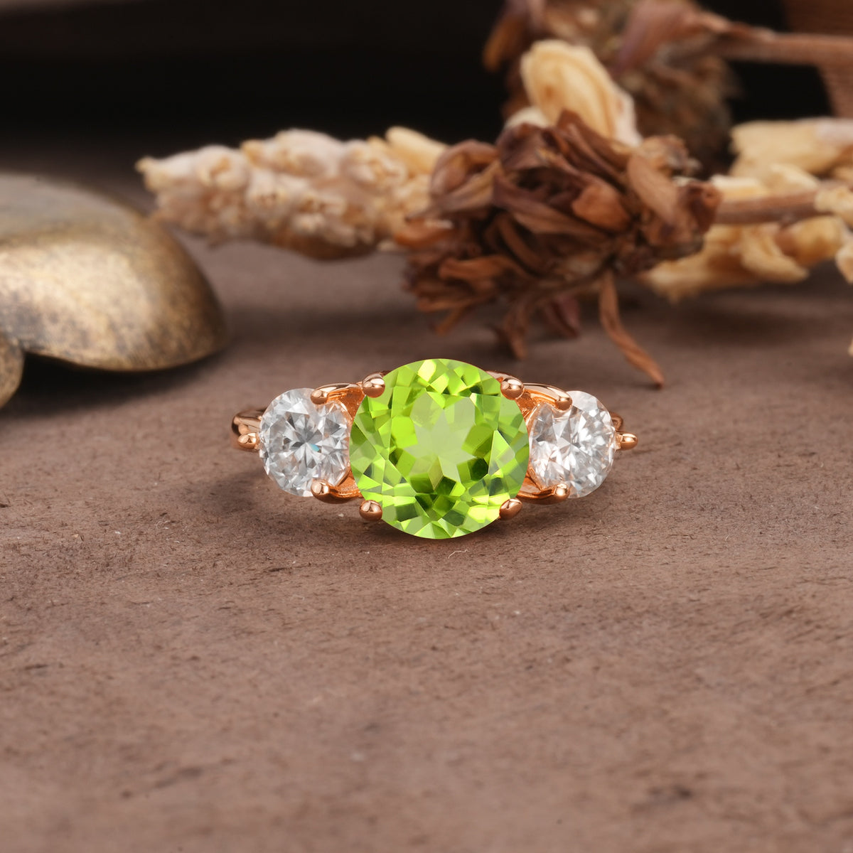 Classic Vintage 4-Prong Round Cut Peridot Three-Stone Wedding Ring - Additional view