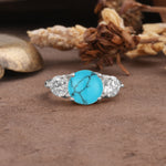 Classic Vintage 4-Prong Round Cut Turquoise Three-Stone Wedding Ring - Additional view