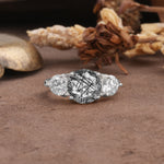 Classic Vintage 4-Prong Round Cut Black Rutilated Quartz Three-Stone Wedding Ring - Additional view