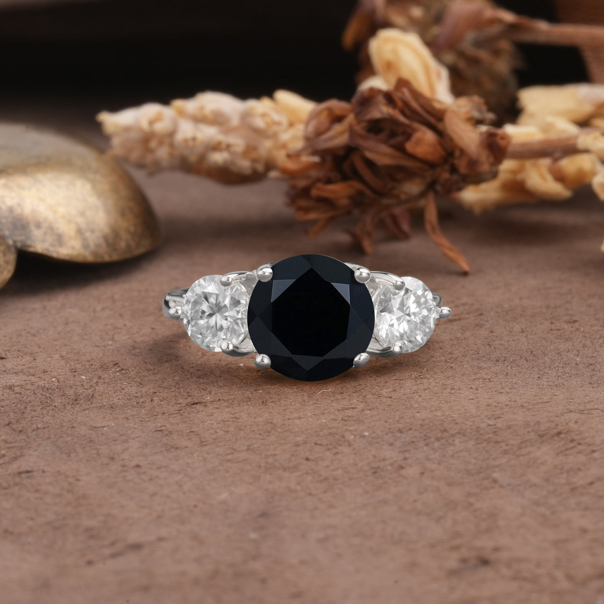 Classic Vintage 4-Prong Round Cut Black Onyx Three-Stone Wedding Ring - Additional view