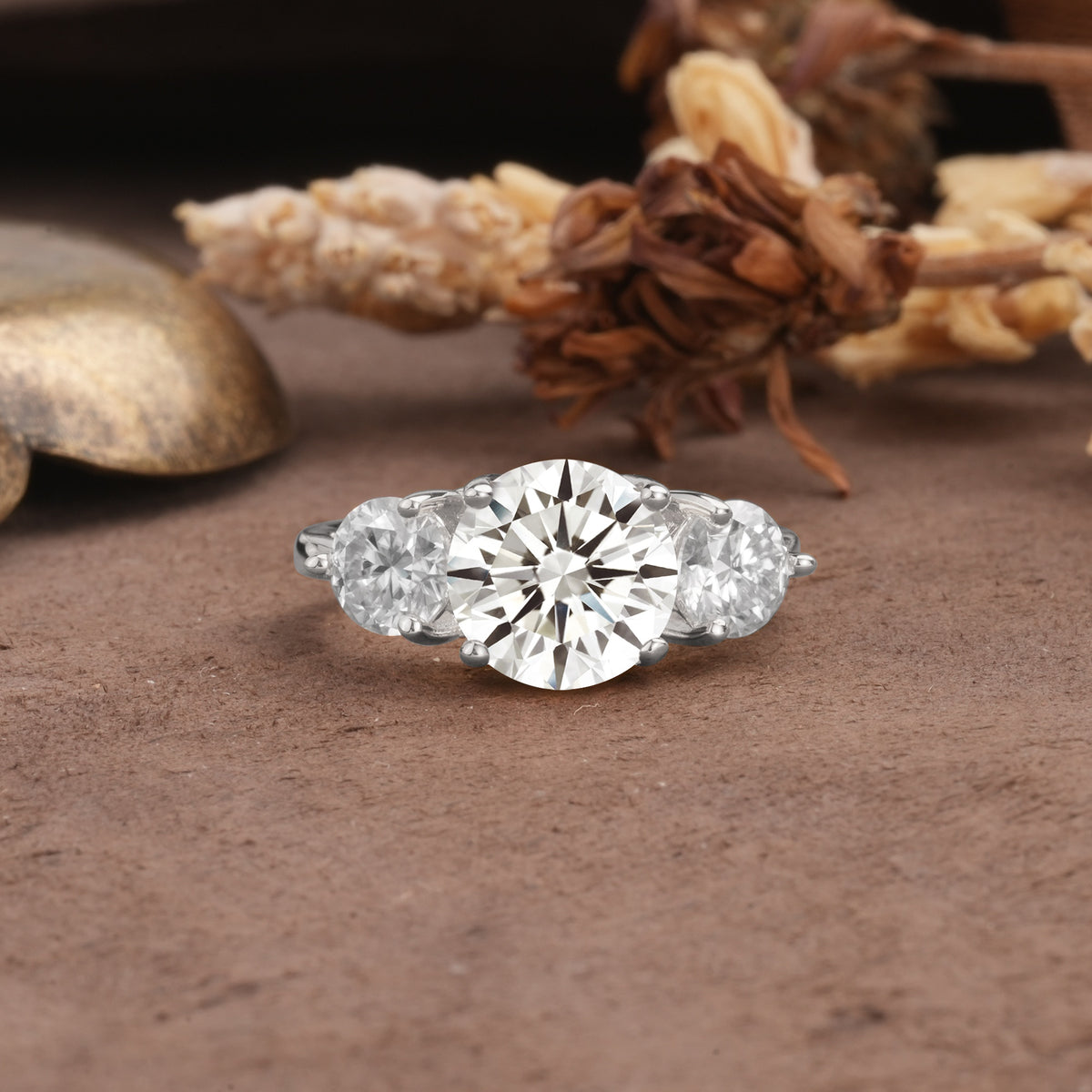 Classic Vintage 4-Prong Round Cut Lab Diamond Three-Stone Wedding Ring - Additional view
