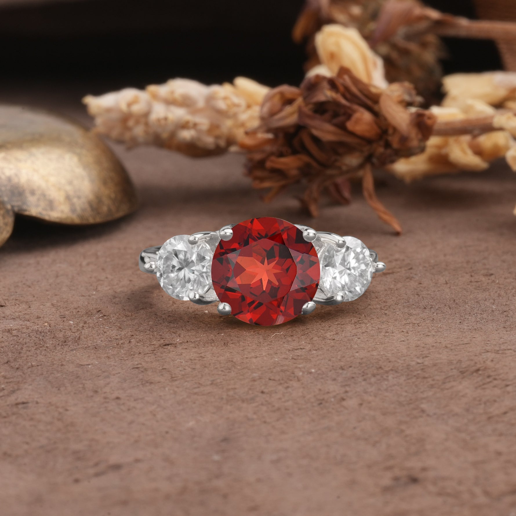Classic Vintage 4-Prong Round Cut Garnet Three-Stone Wedding Ring - Additional view