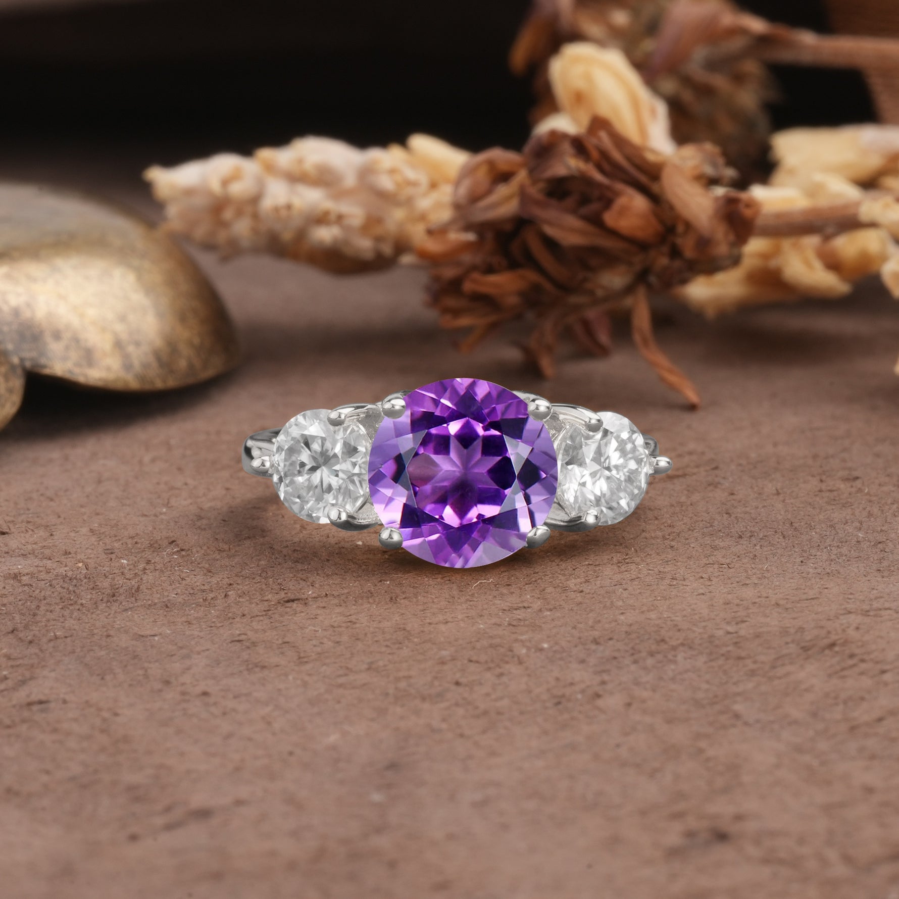 Classic Vintage 4-Prong Round Cut Amethyst Three-Stone Wedding Ring - Additional view