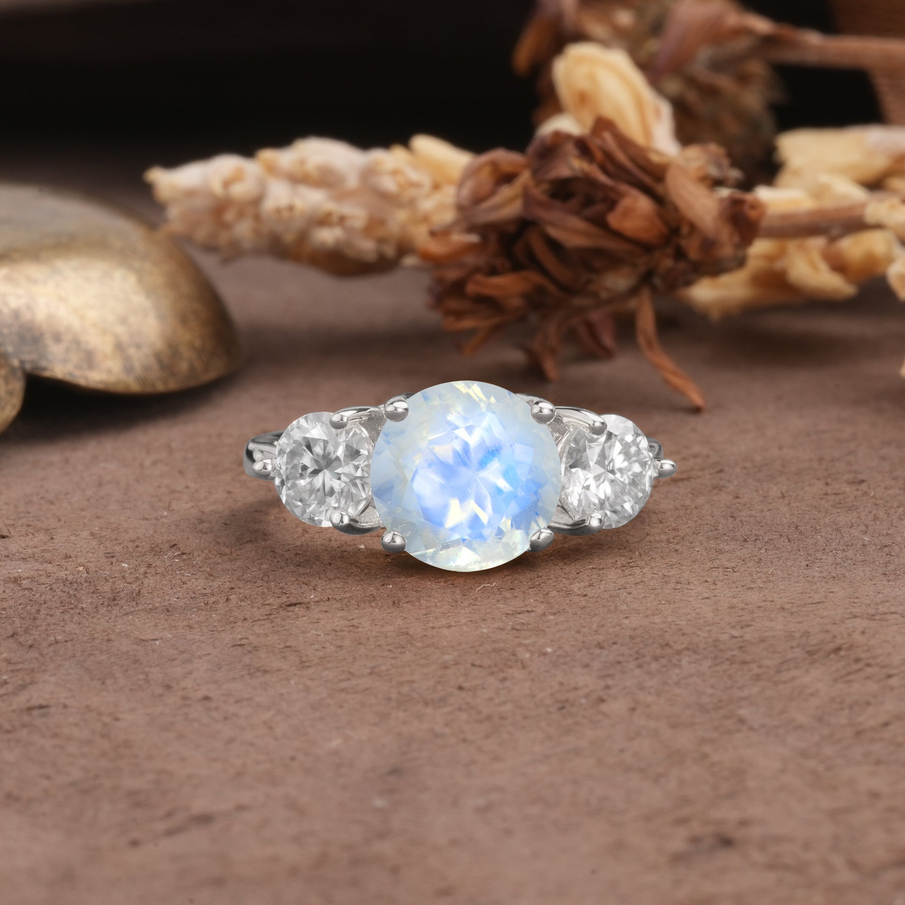 Classic Vintage 4-Prong Round Cut Moonstone Three-Stone Wedding Ring - Additional view
