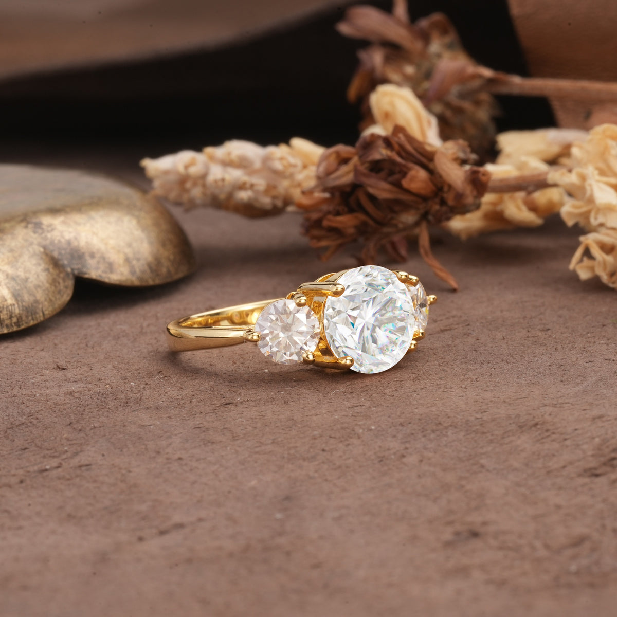 Classic Vintage 4-Prong Round Cut Moissanite Three-Stone Wedding Ring - Additional view