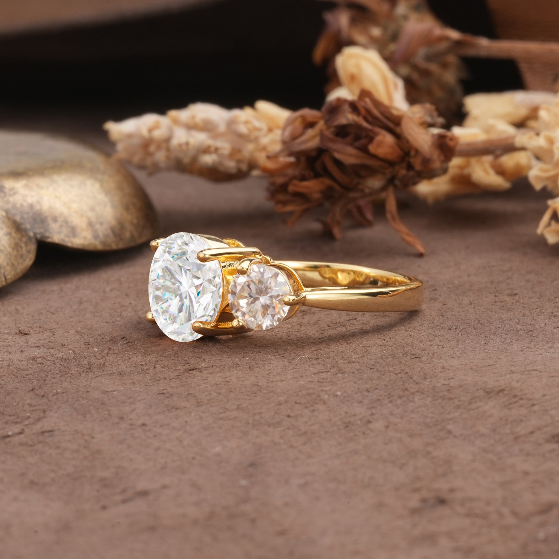 Classic Vintage 4-Prong Round Cut Moissanite Three-Stone Wedding Ring - Additional view