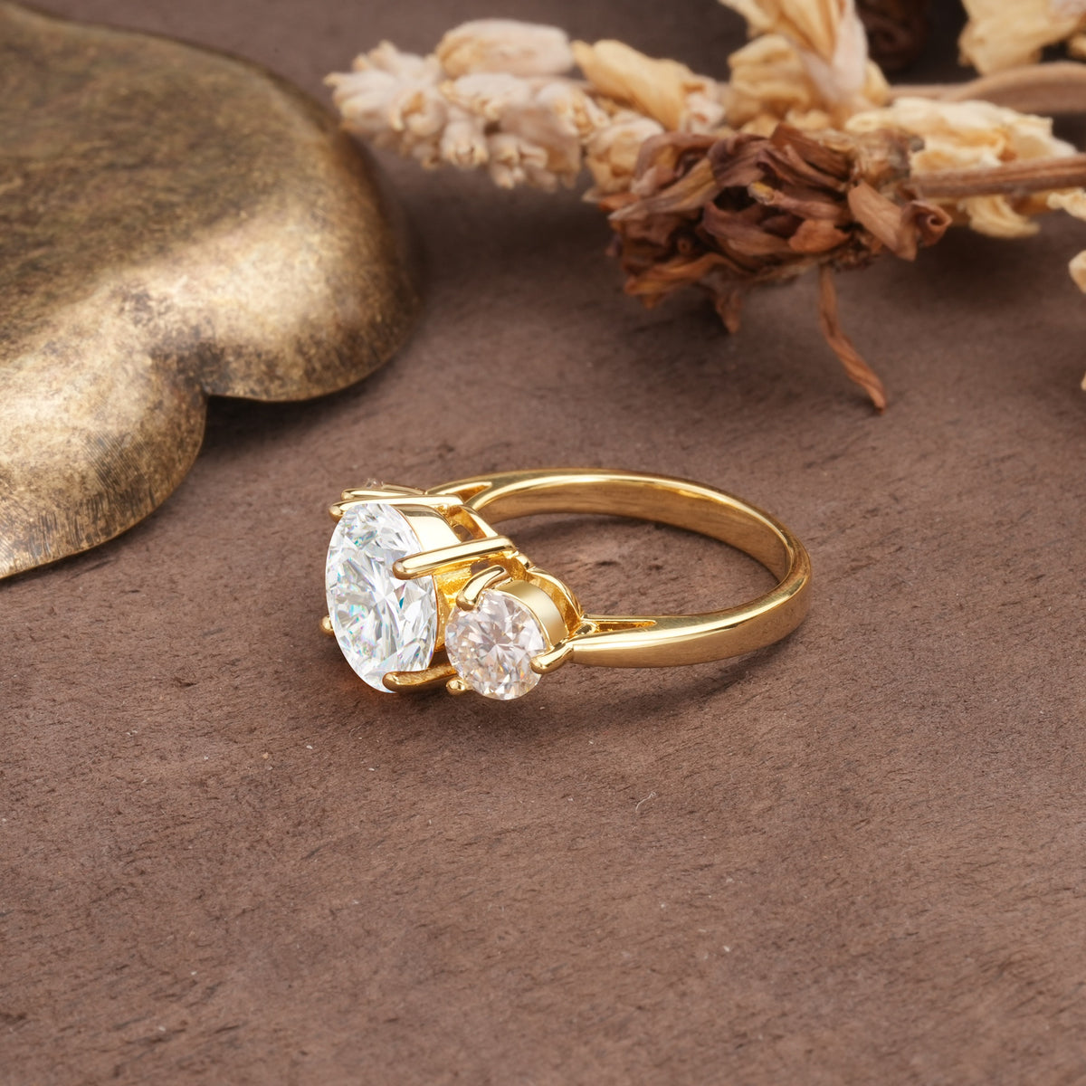 Classic Vintage 4-Prong Round Cut Moissanite Three-Stone Wedding Ring - Additional view