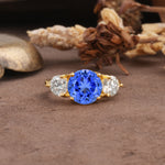 Classic Vintage 4-Prong Round Cut Sapphire Three-Stone Wedding Ring - Additional view