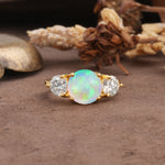 Classic Vintage 4-Prong Round Cut Fire Opal Three-Stone Wedding Ring - Additional view