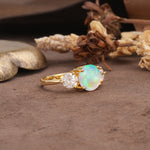Classic Vintage 4-Prong Round Cut Fire Opal Three-Stone Wedding Ring - Additional view
