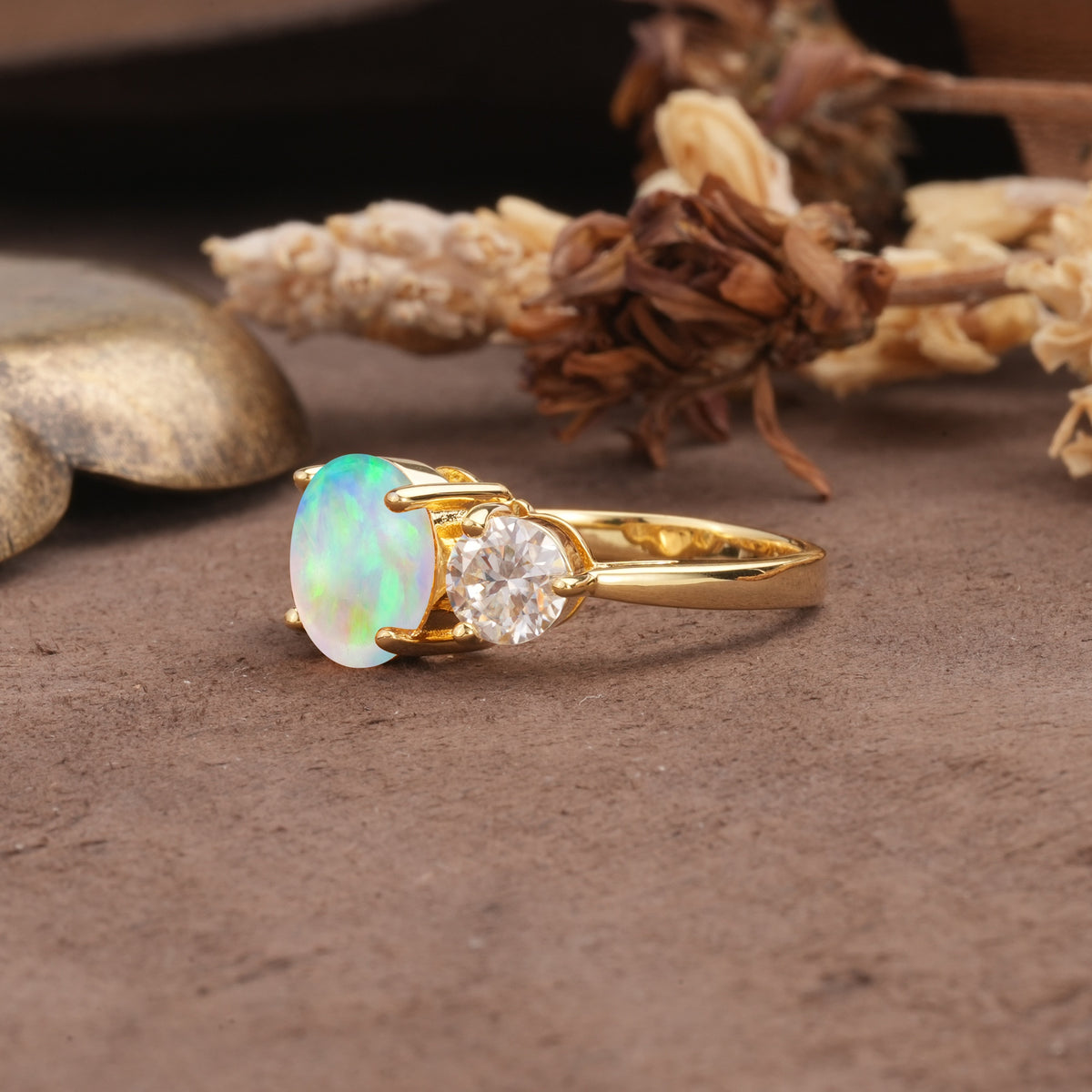 Classic Vintage 4-Prong Round Cut Fire Opal Three-Stone Wedding Ring - Additional view