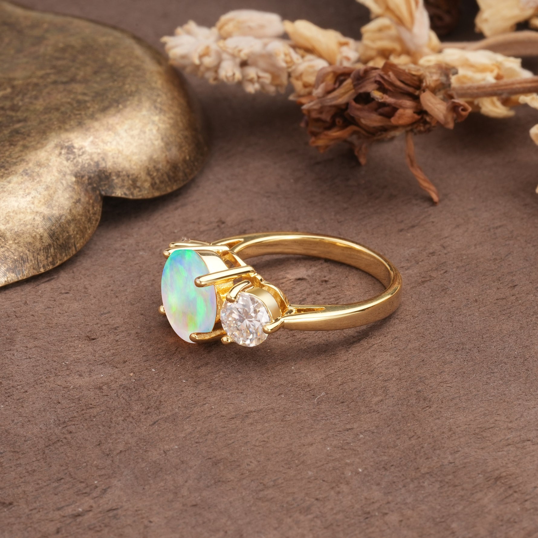 Classic Vintage 4-Prong Round Cut Fire Opal Three-Stone Wedding Ring - Additional view