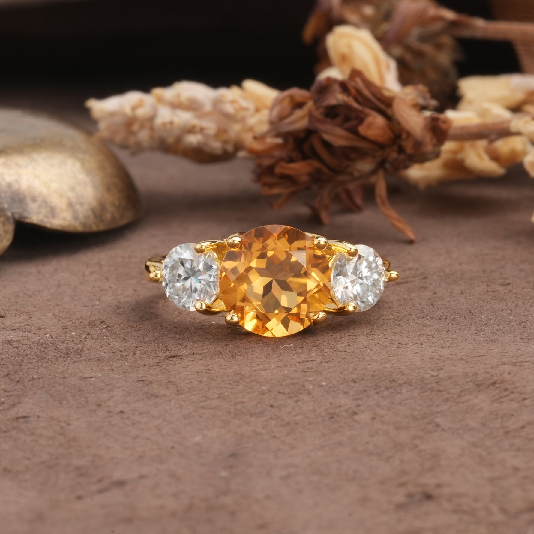 Classic Vintage 4-Prong Round Cut Citrine Three-Stone Wedding Ring - Additional view