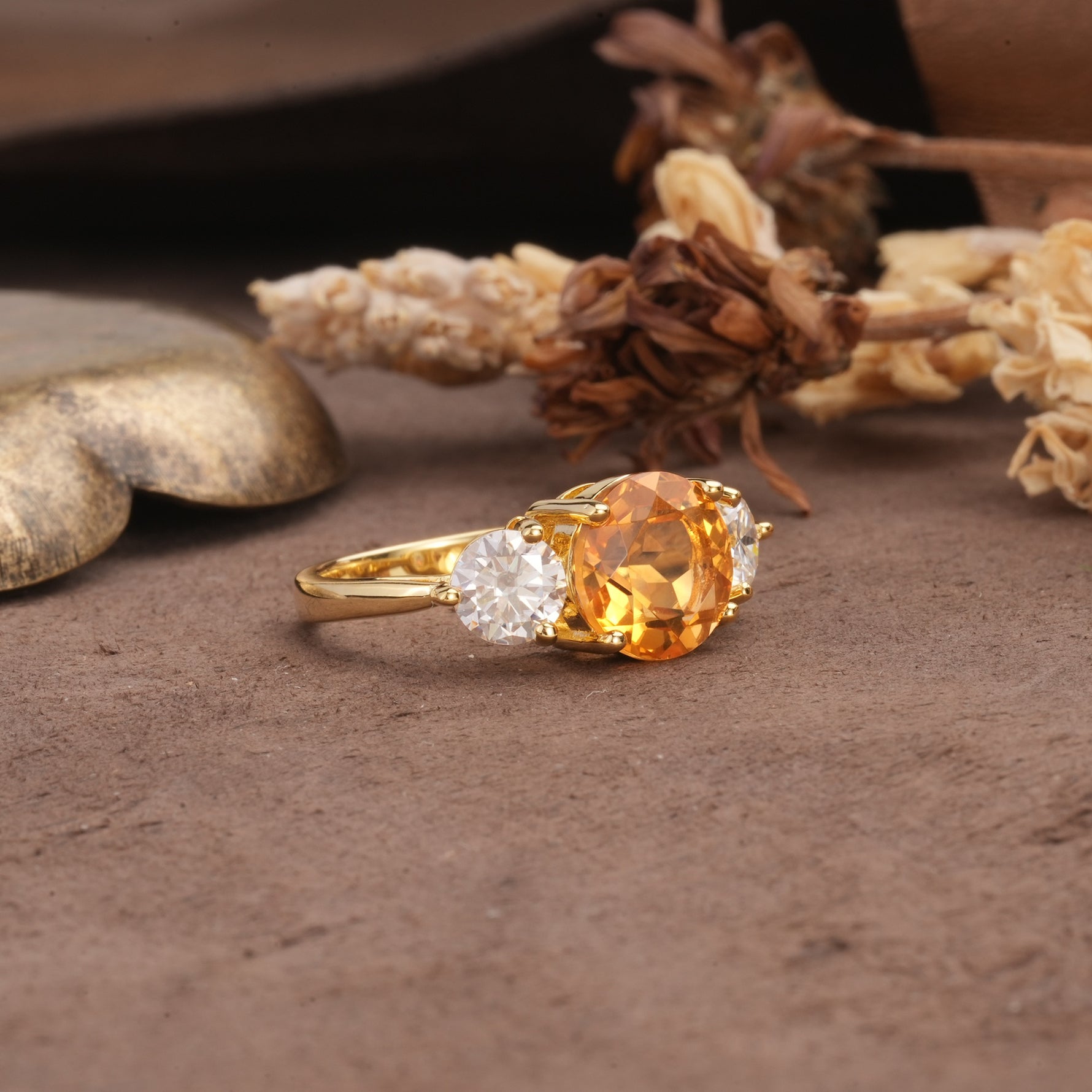 Classic Vintage 4-Prong Round Cut Citrine Three-Stone Wedding Ring - Additional view