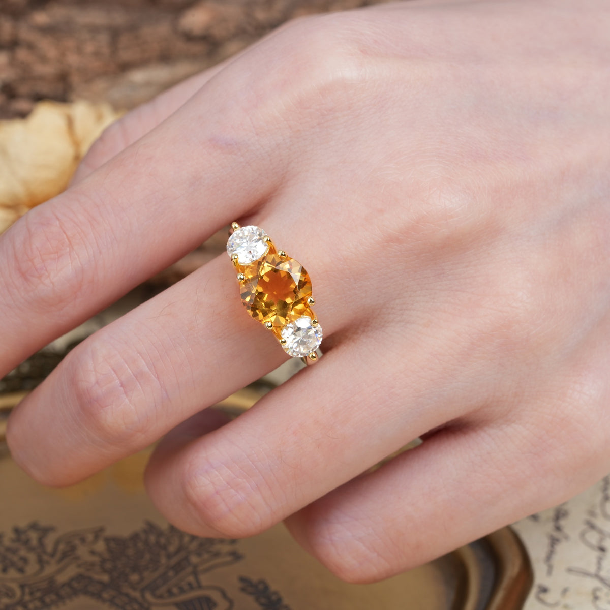 Classic Vintage 4-Prong Round Cut Citrine Three-Stone Wedding Ring - Additional view