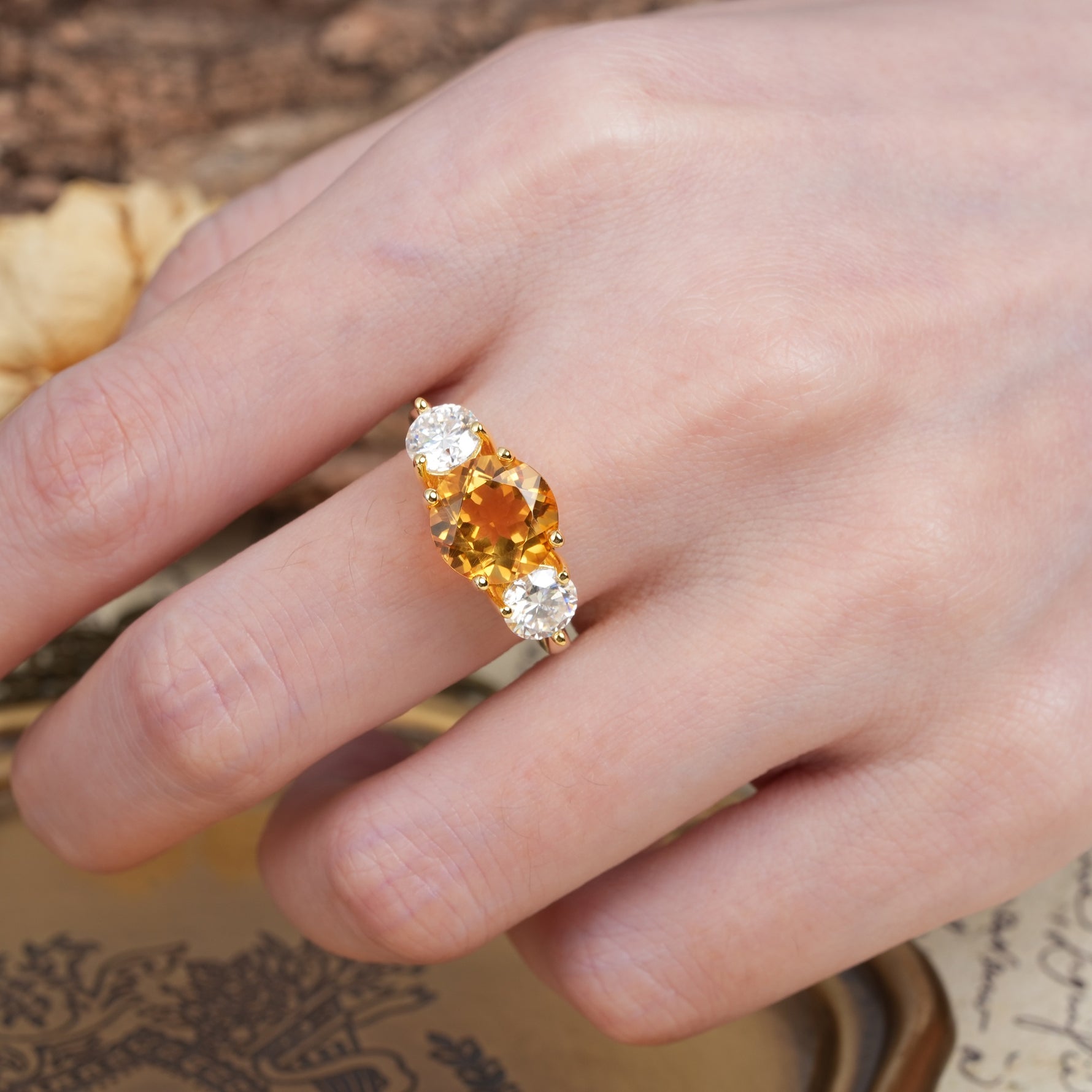 Classic Vintage 4-Prong Round Cut Citrine Three-Stone Wedding Ring - Additional view