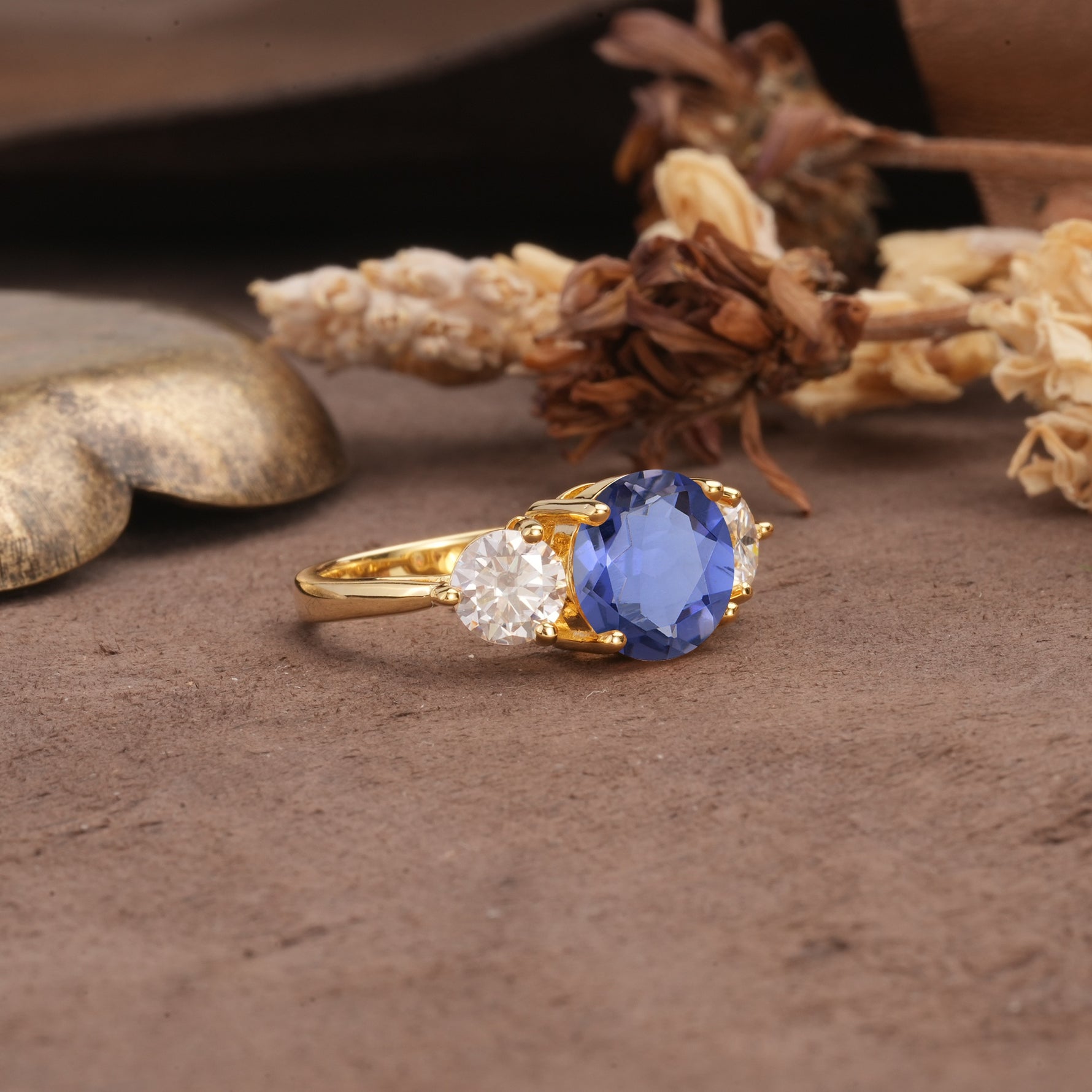 Classic Vintage 4-Prong Round Cut Tanzanite Three-Stone Wedding Ring - Additional view