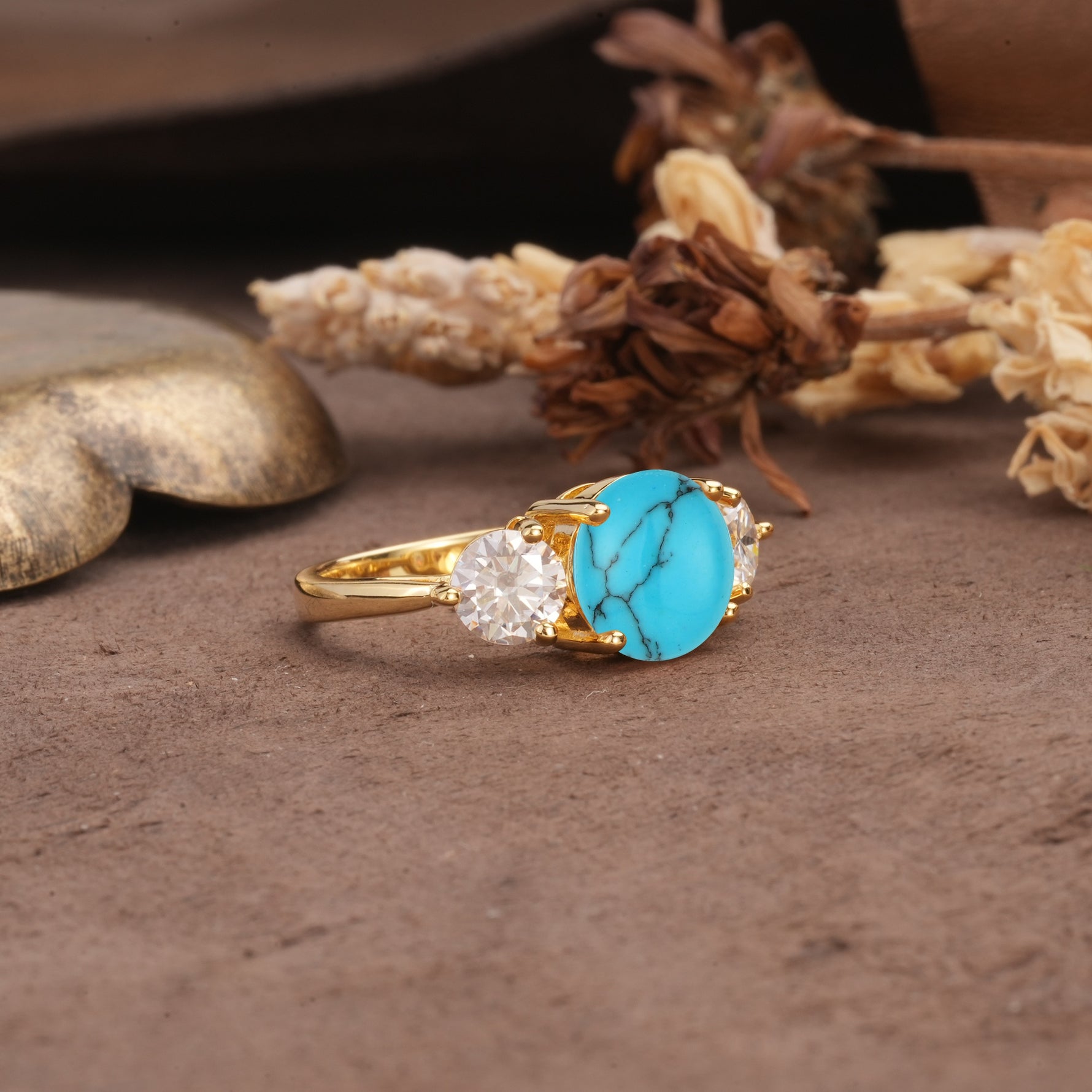 Classic Vintage 4-Prong Round Cut Turquoise Three-Stone Wedding Ring - Additional view