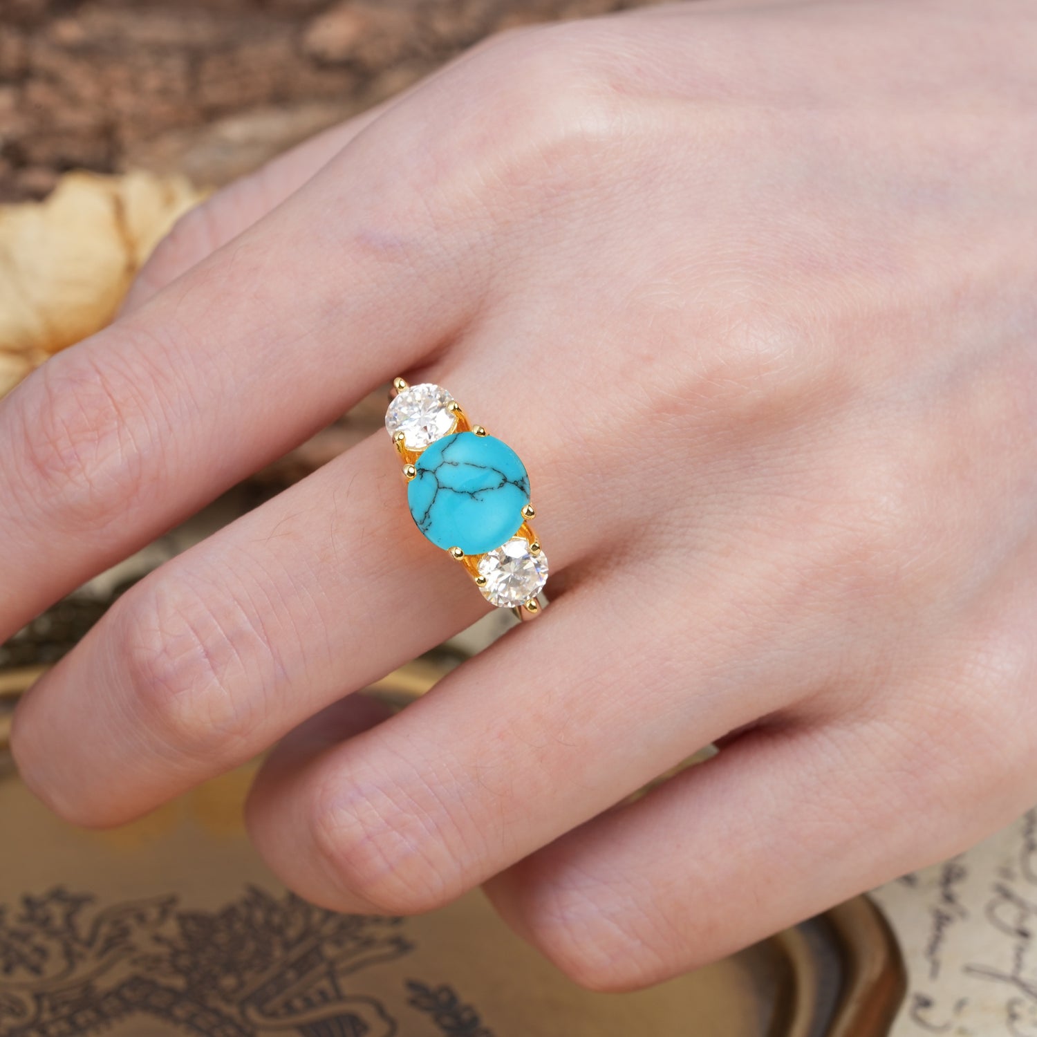 Classic Vintage 4-Prong Round Cut Turquoise Three-Stone Wedding Ring - Additional view