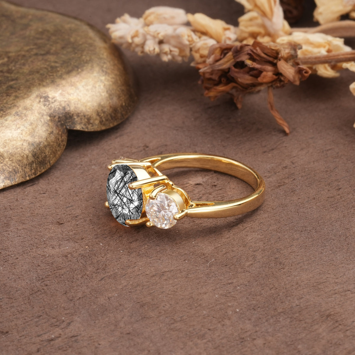 Classic Vintage 4-Prong Round Cut Black Rutilated Quartz Three-Stone Wedding Ring - Additional view