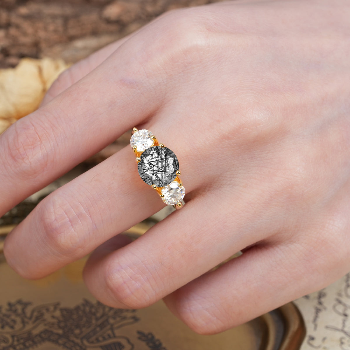 Classic Vintage 4-Prong Round Cut Black Rutilated Quartz Three-Stone Wedding Ring - Additional view