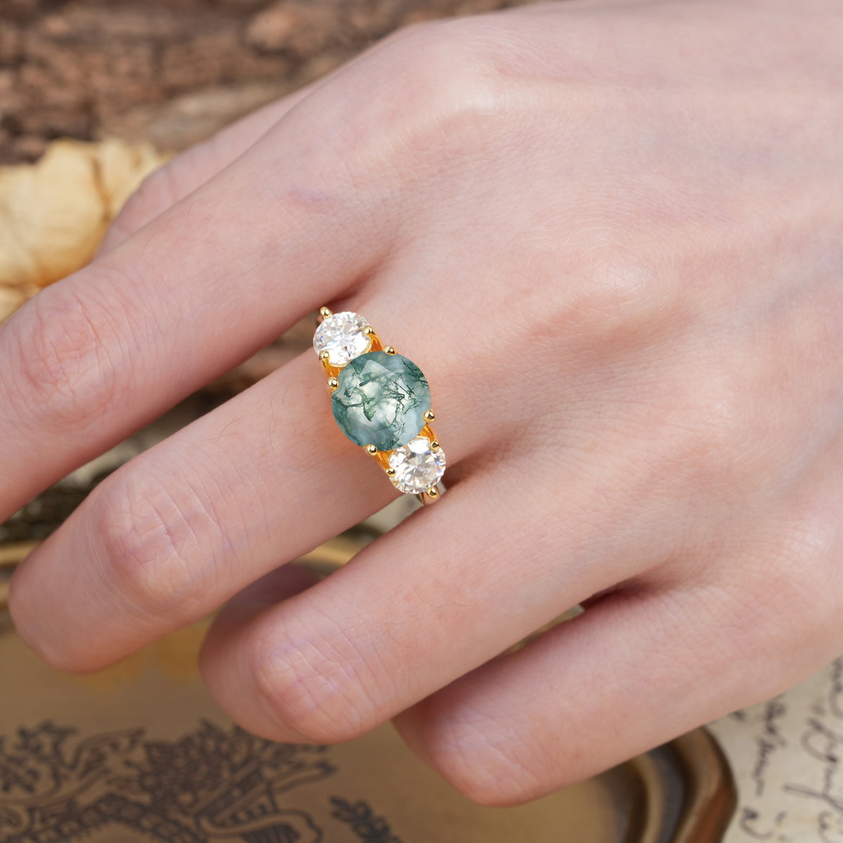 Classic Vintage 4-Prong Round Cut Moss Agate Three-Stone Wedding Ring - Additional view