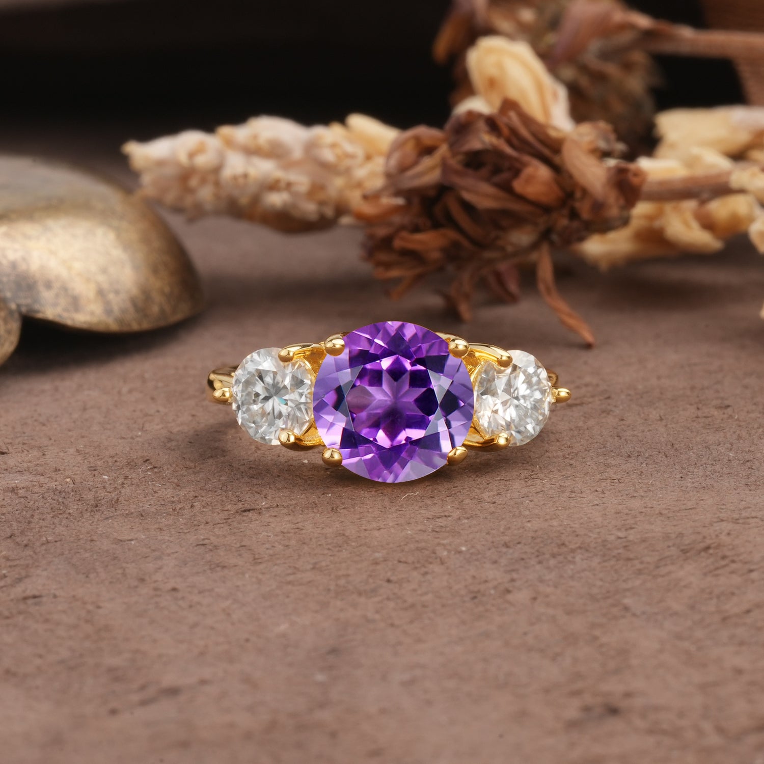 Classic Vintage 4-Prong Round Cut Amethyst Three-Stone Wedding Ring - Additional view