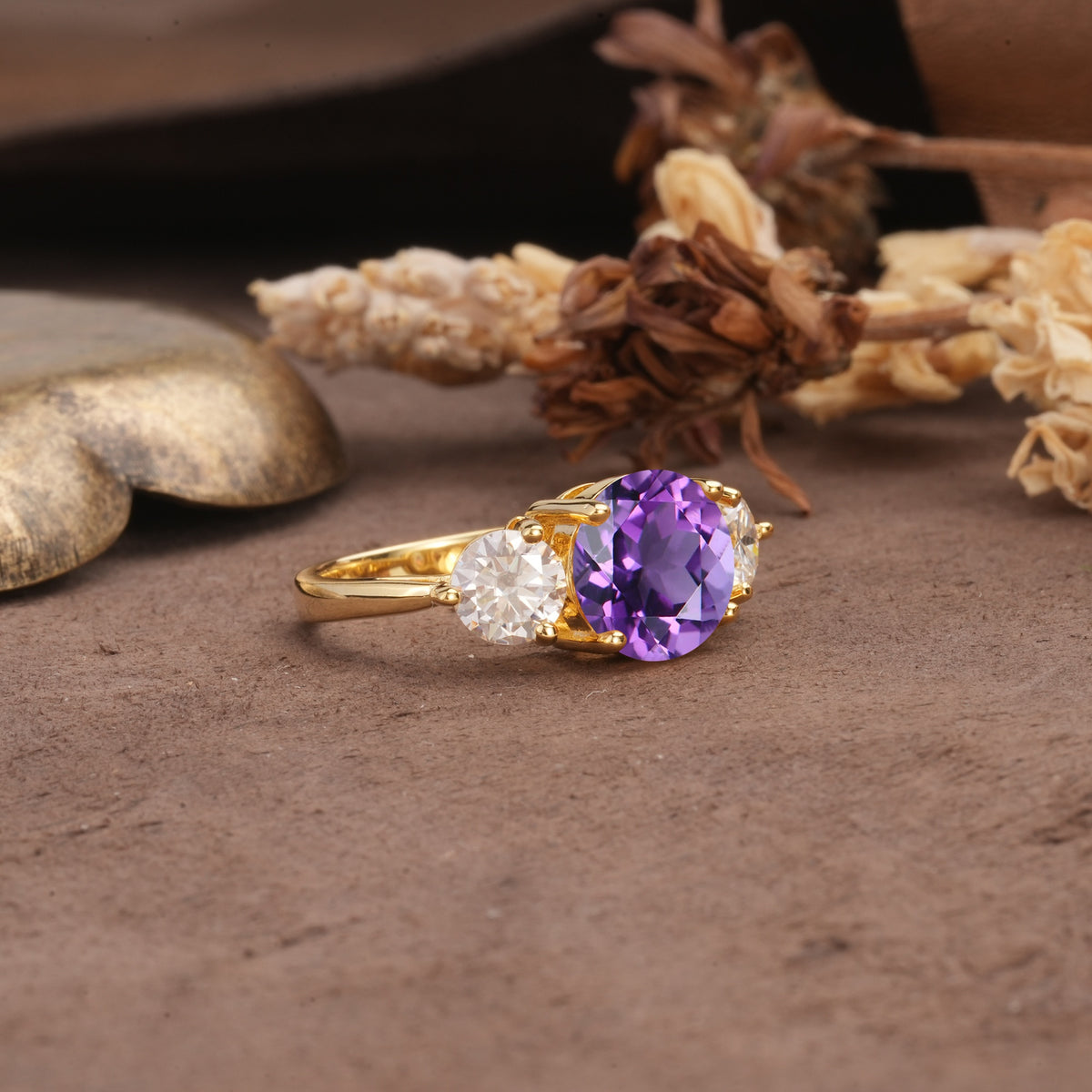 Classic Vintage 4-Prong Round Cut Amethyst Three-Stone Wedding Ring - Additional view