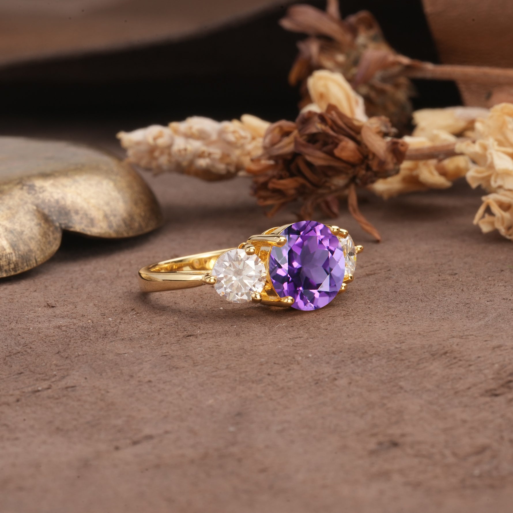Classic Vintage 4-Prong Round Cut Amethyst Three-Stone Wedding Ring - Additional view