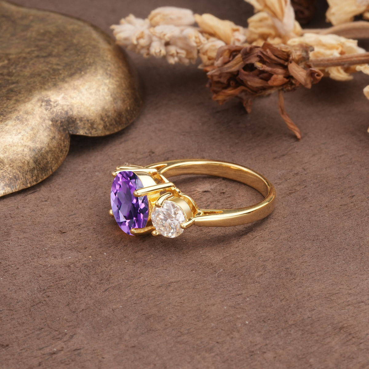 Classic Vintage 4-Prong Round Cut Amethyst Three-Stone Wedding Ring - Additional view