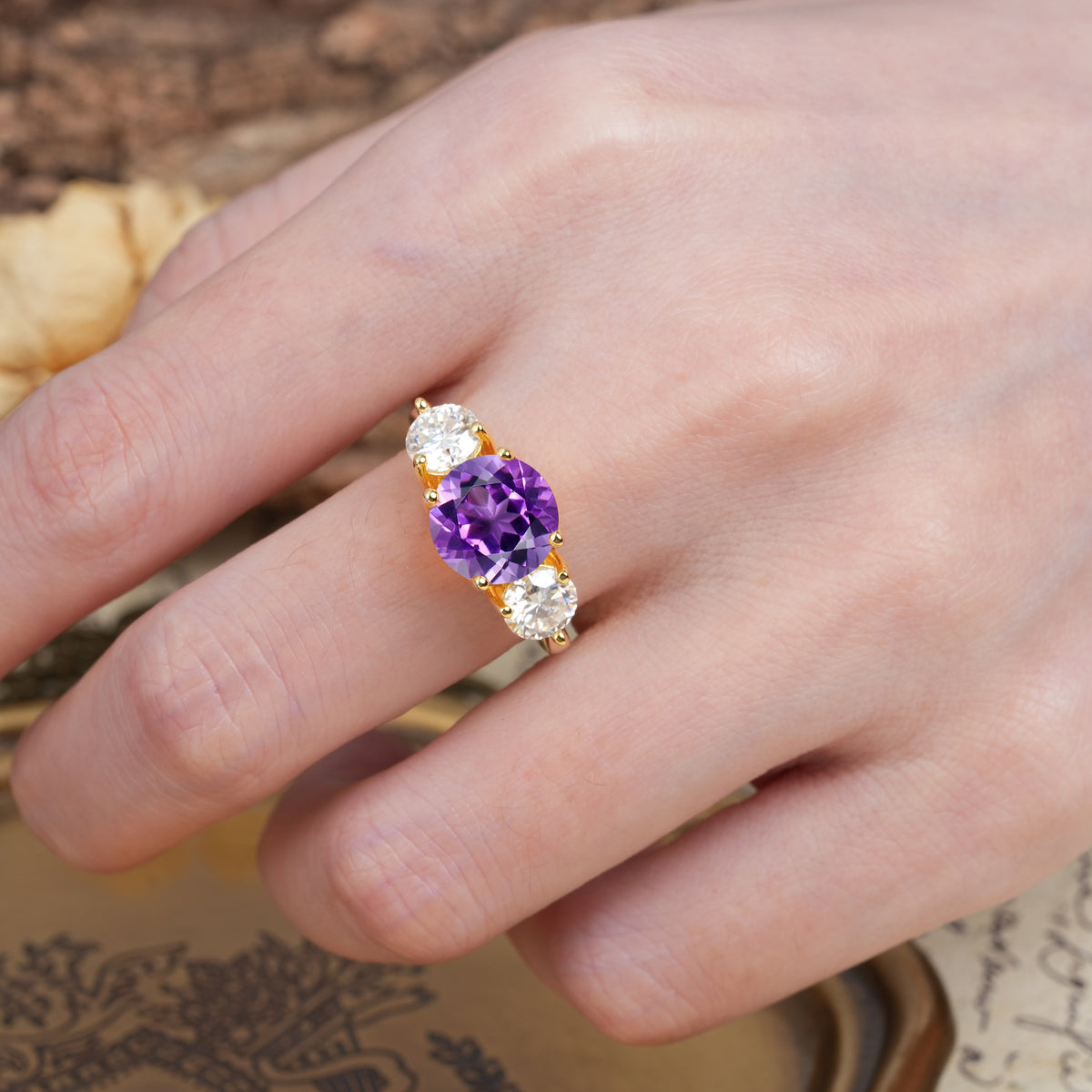 Classic Vintage 4-Prong Round Cut Amethyst Three-Stone Wedding Ring - Additional view