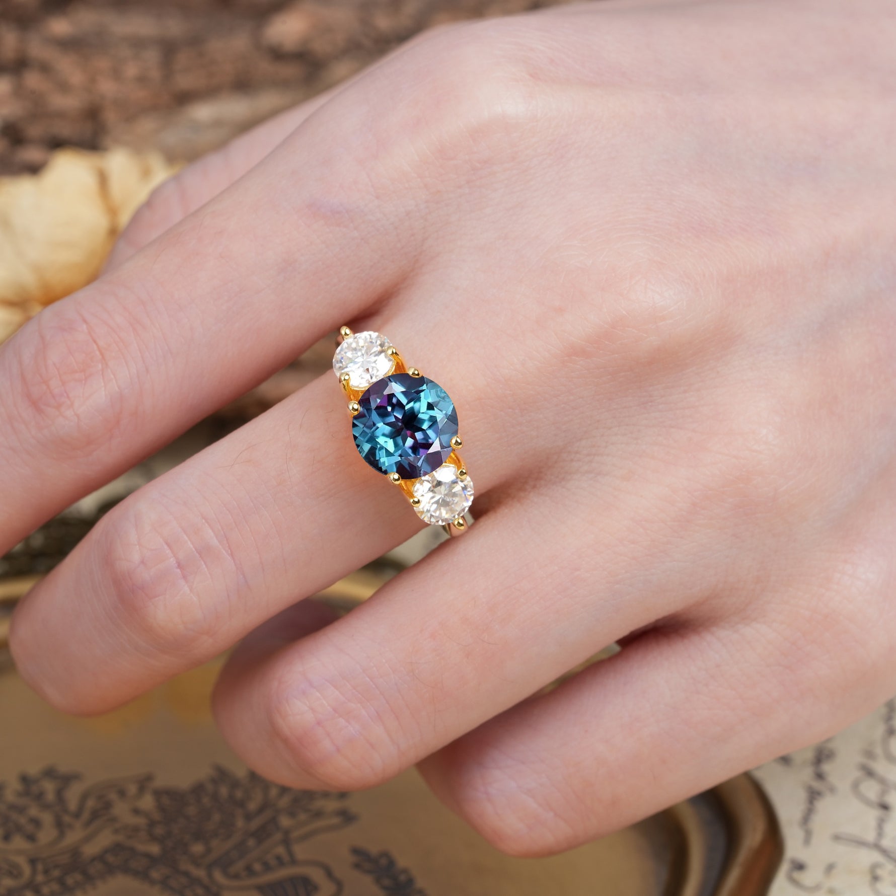 Classic Vintage 4-Prong Round Cut Alexandrite Three-Stone Wedding Ring - Additional view