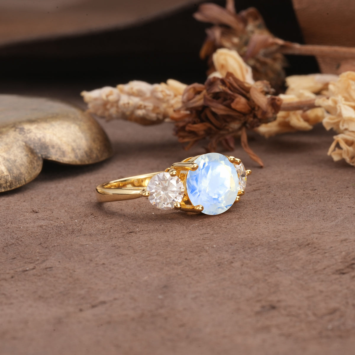 Classic Vintage 4-Prong Round Cut Moonstone Three-Stone Wedding Ring - Additional view