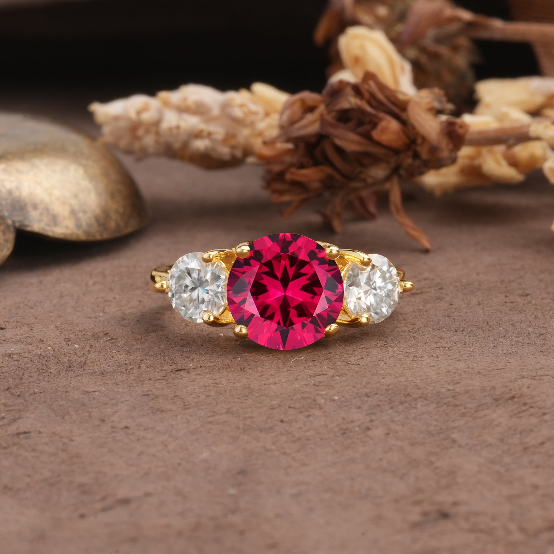 Classic Vintage 4-Prong Round Cut Ruby Three-Stone Wedding Ring - Additional view