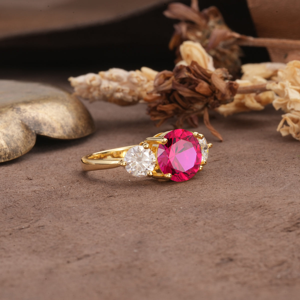 Classic Vintage 4-Prong Round Cut Ruby Three-Stone Wedding Ring - Additional view