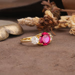 Classic Vintage 4-Prong Round Cut Ruby Three-Stone Wedding Ring - Additional view