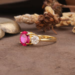 Classic Vintage 4-Prong Round Cut Ruby Three-Stone Wedding Ring - Additional view