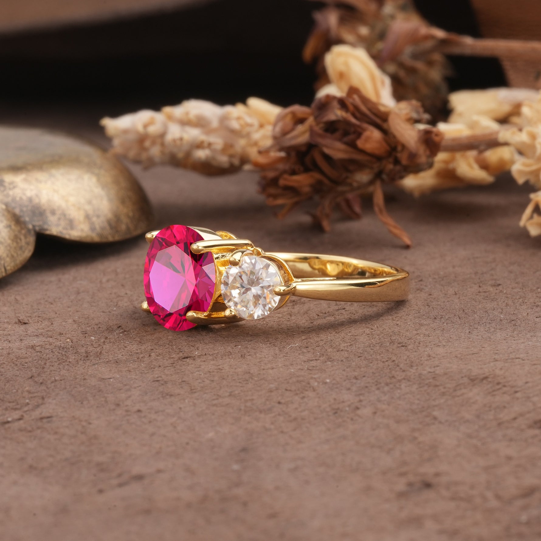 Classic Vintage 4-Prong Round Cut Ruby Three-Stone Wedding Ring - Additional view