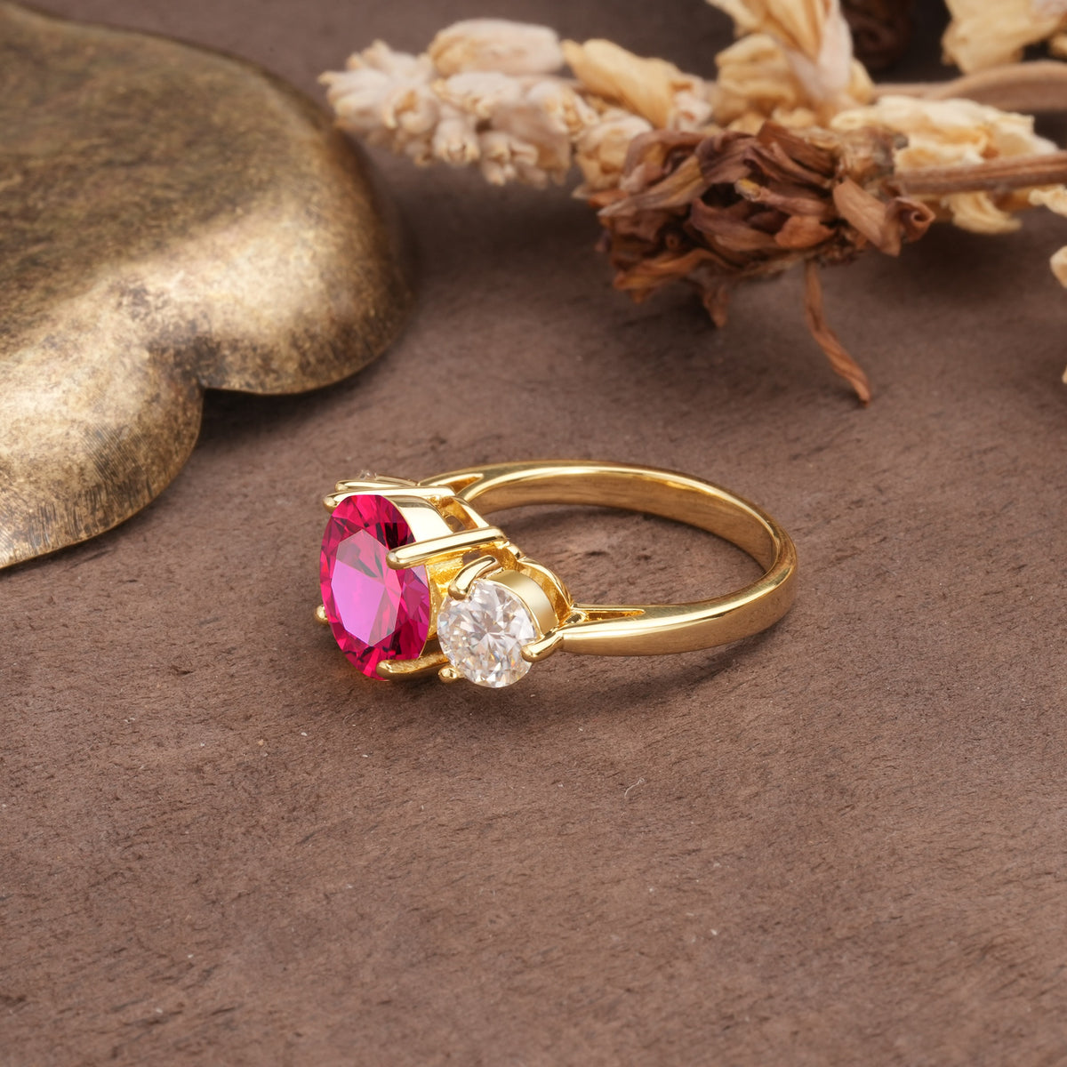 Classic Vintage 4-Prong Round Cut Ruby Three-Stone Wedding Ring - Additional view